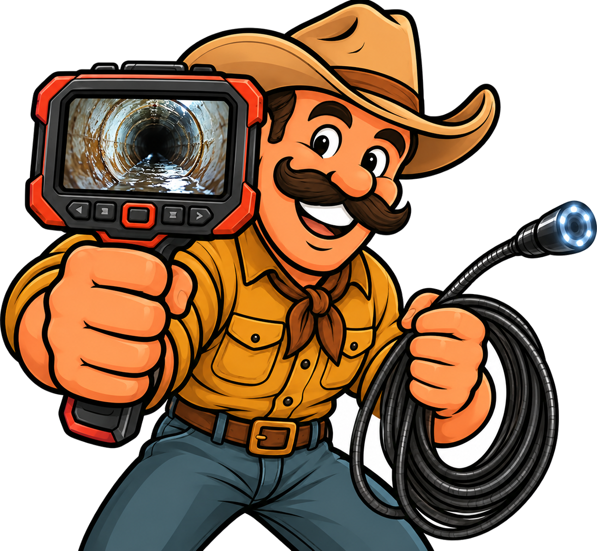 A Drain Wrangler holding a sewer inspection camera monitor and cable reel.