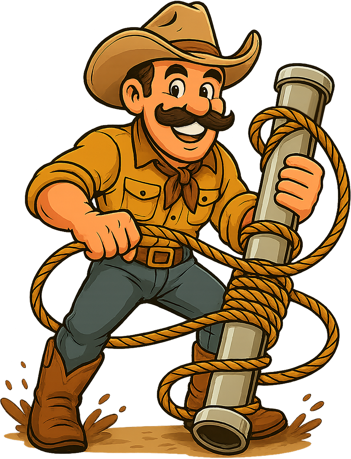 A Drain Wrangler carrying a length of pipe coiled with rope.
