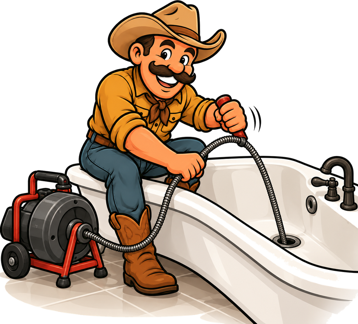 A Drain Wrangler kneeling at a bathtub, feeding a drum-machine cable into the drain.