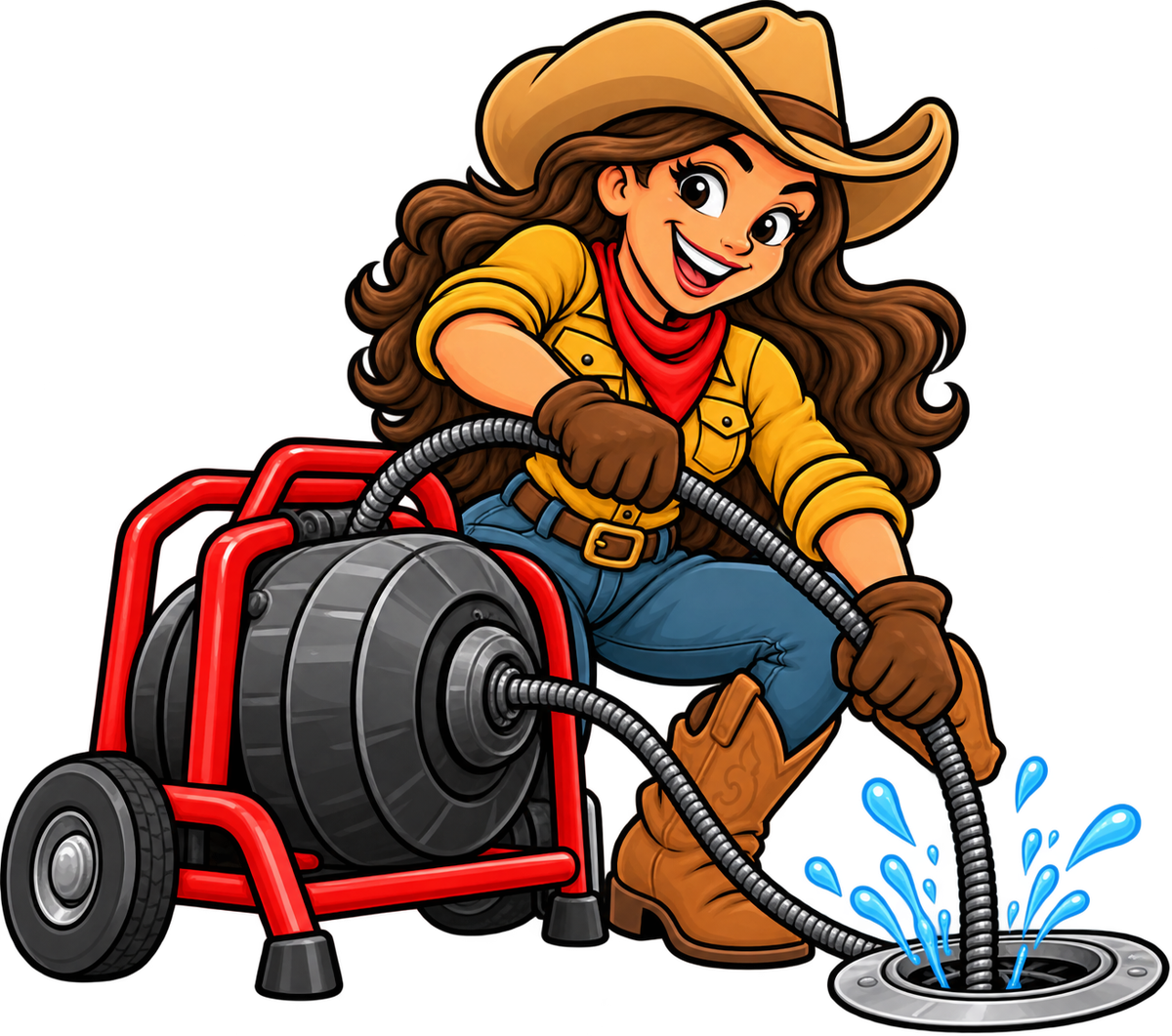 A Drain Wrangler running a jetting machine into a floor drain, water spraying back.
