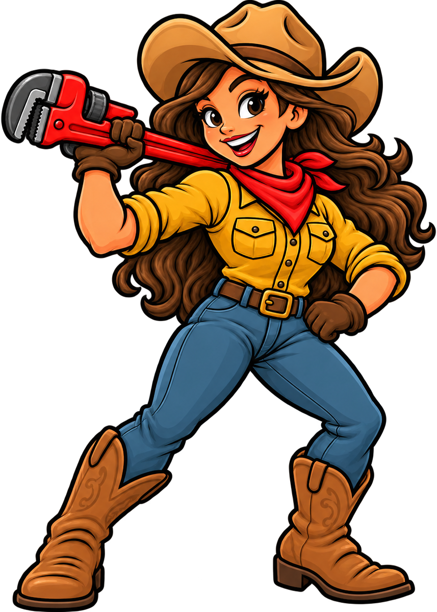 A Drain Wrangler striding forward with a pipe wrench raised over one shoulder.
