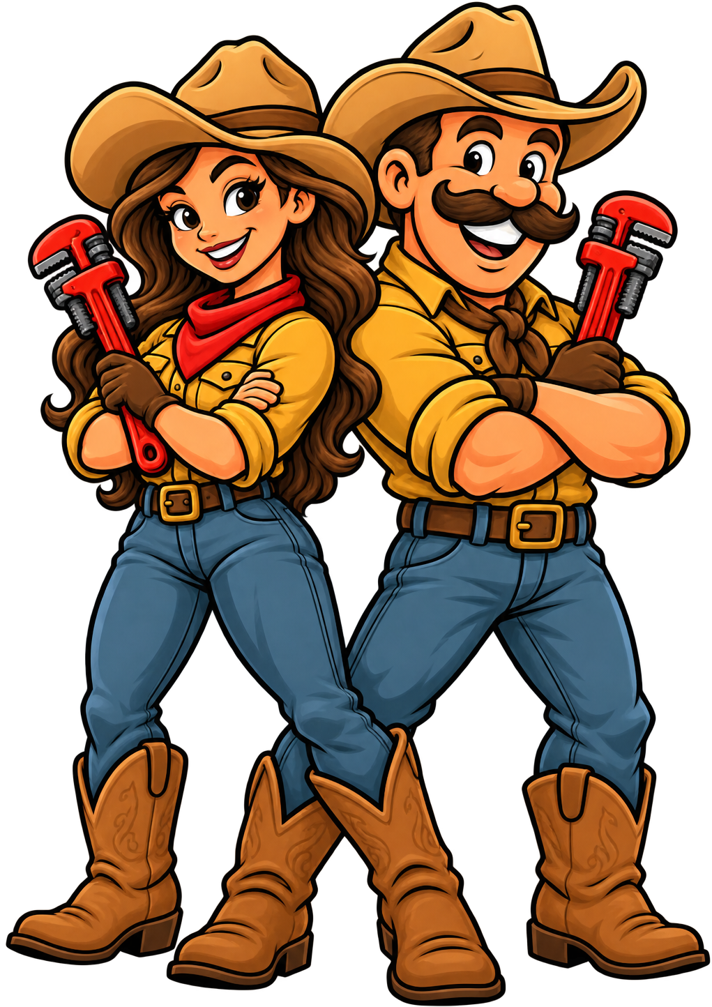 Two Drain Wranglers standing back to back, each holding a pipe wrench.